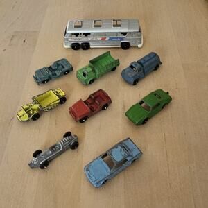 Vintage Tootsie Toy Diecast Cars and Greyhound Bus, Jeep, Race Car Lot Of 9